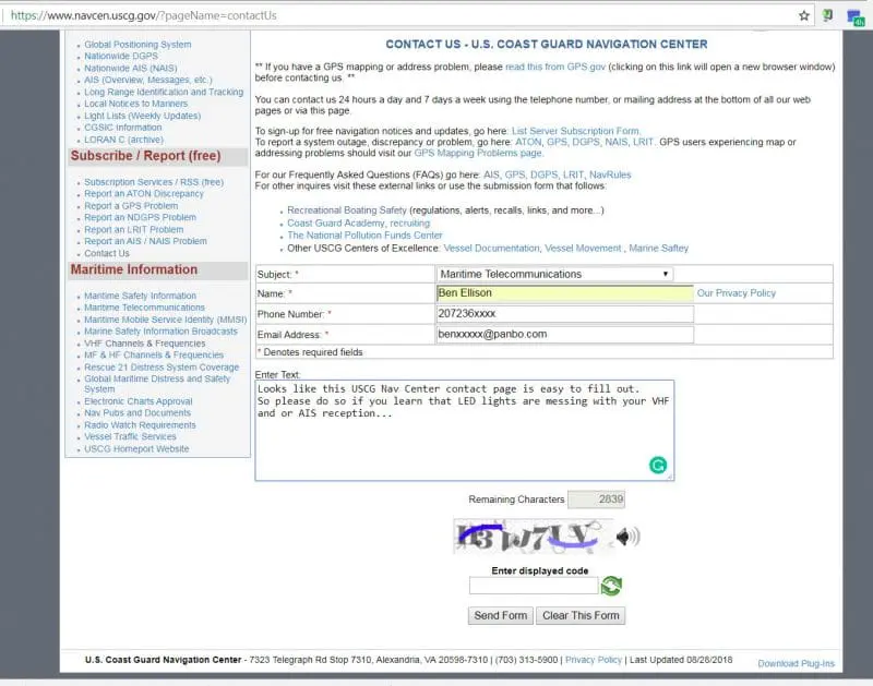 Reporting issues like LED light interference on the USCG NavCen site seems easy