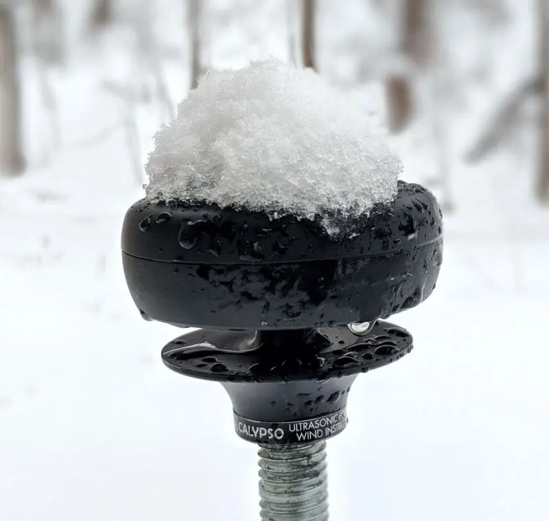 The Calypso Ultrasonic Portable anemometer was able to maintain its battery during short Maine winter days and the wind readings did not seem affected by snow and rain