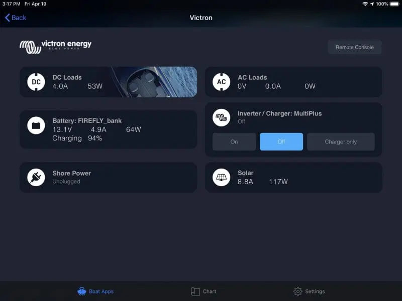 Victron app running inside Garmin ActiveCaptain app on an iPad