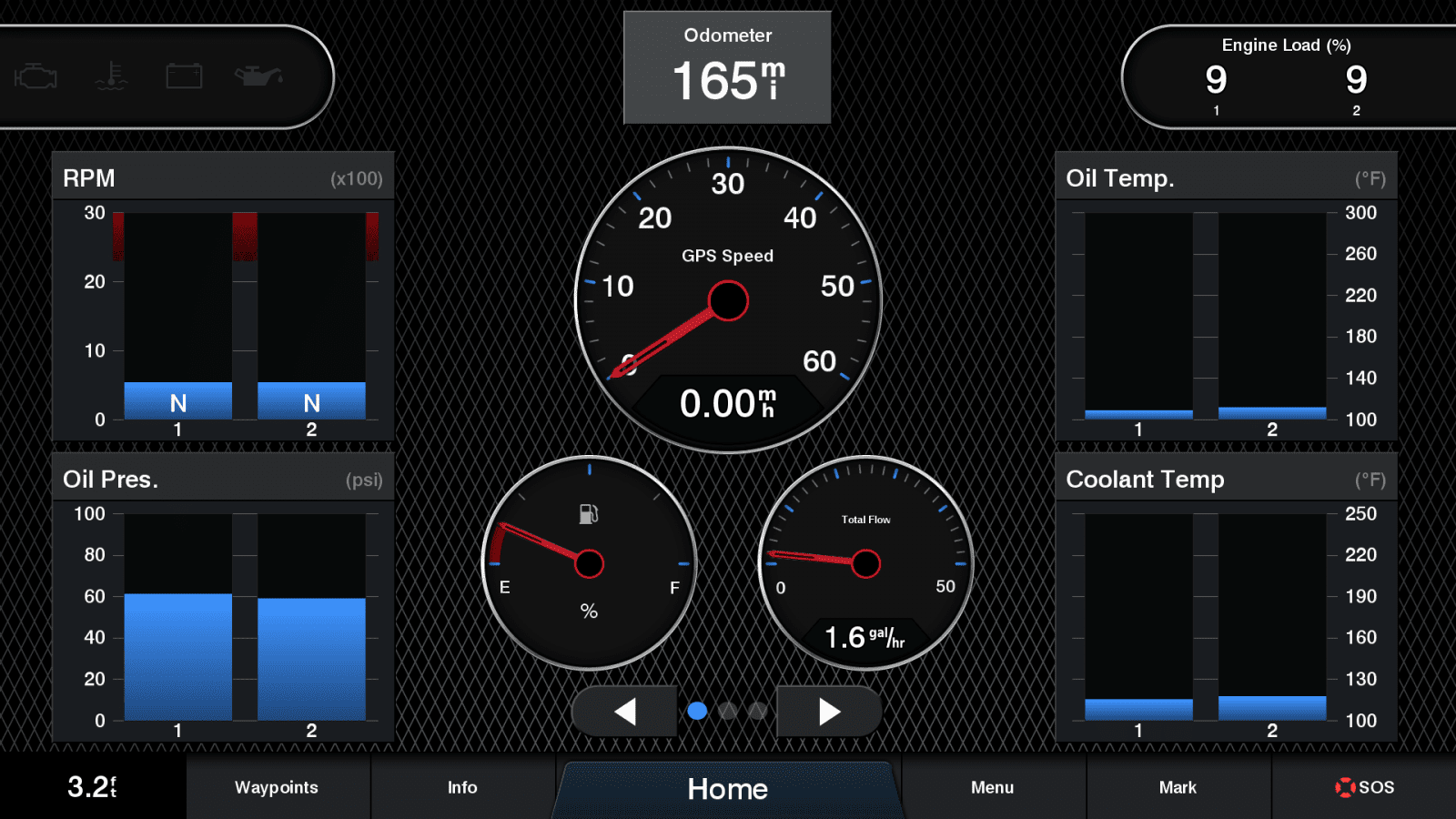 Engine data displayed on a Garmin 8612