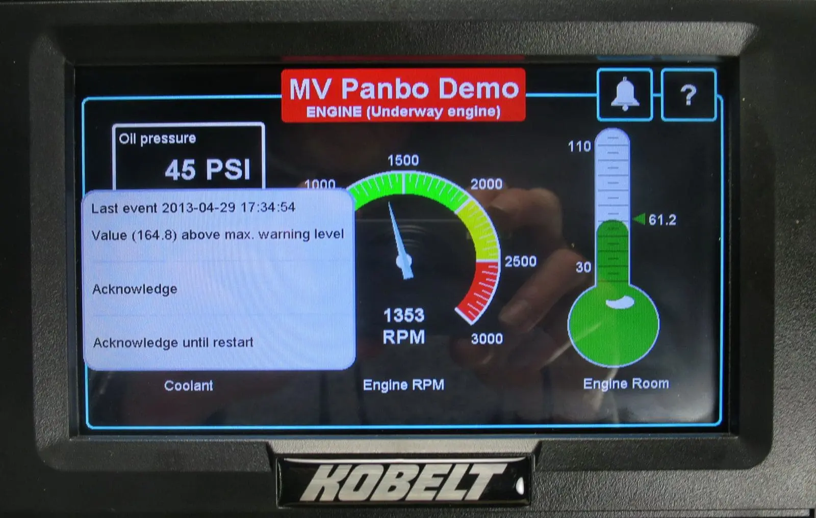 Engine Panel, also showing touch alarm controls for Coolant Temp gauge