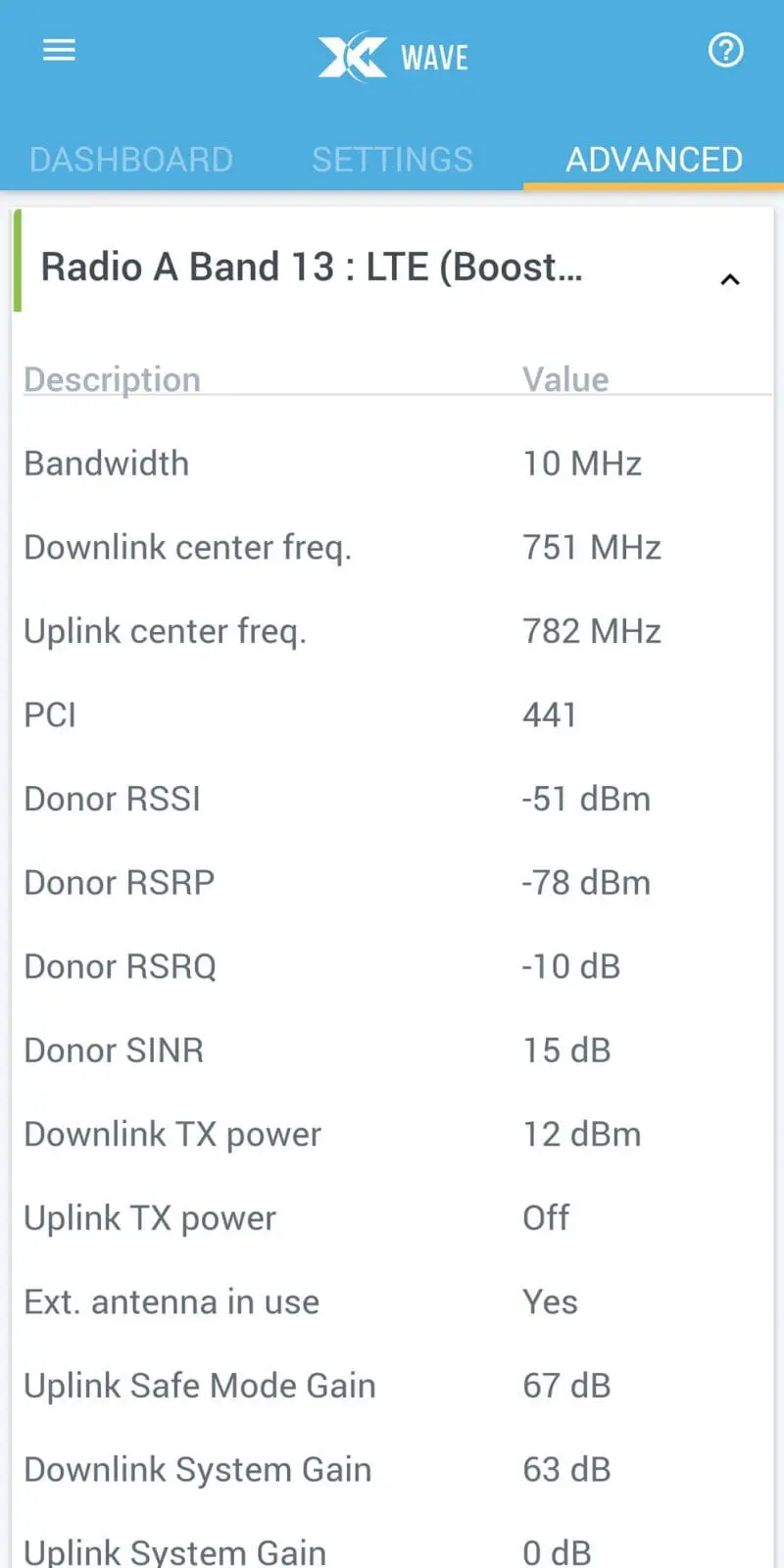 Wave app Advanced Radio Band info