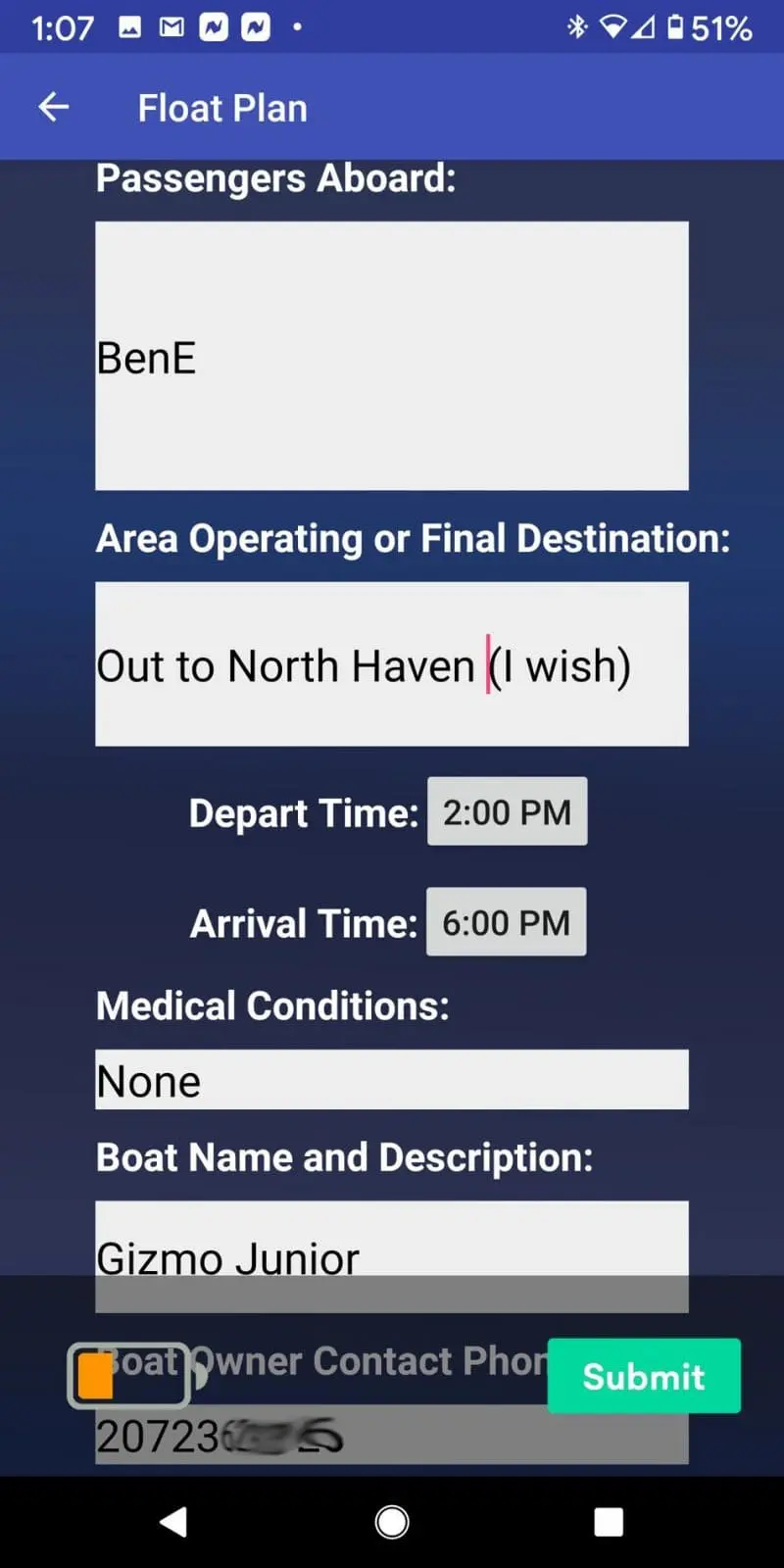 Start Trip (Float Plan) screen