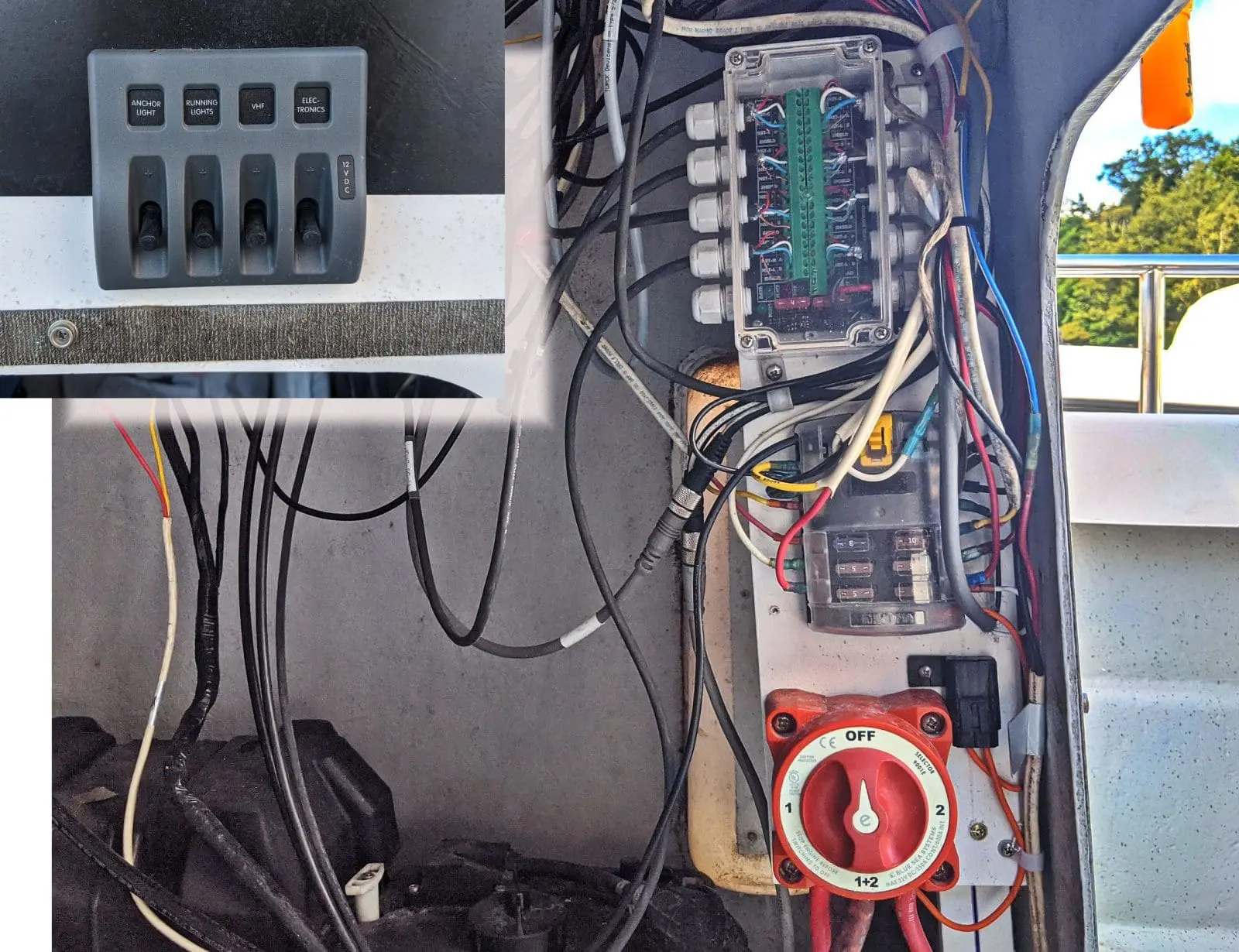 Original battery switch & and fuse box turned 90 degrees, and used more