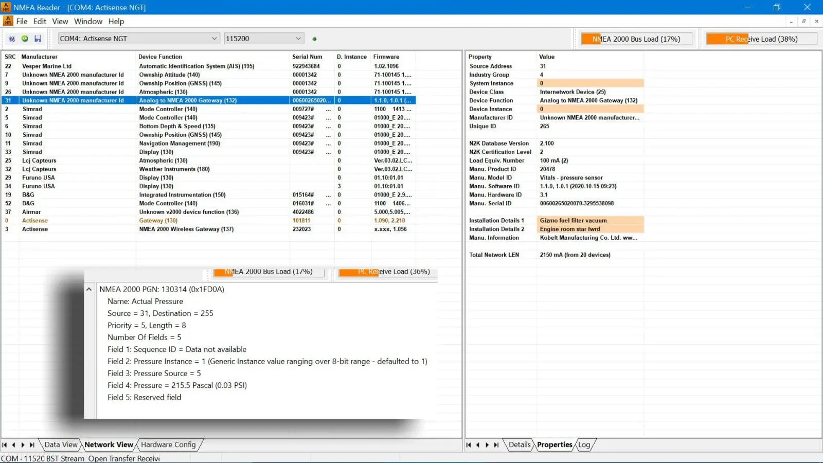 AOS pressure sensor in Actisense NMEA Reader