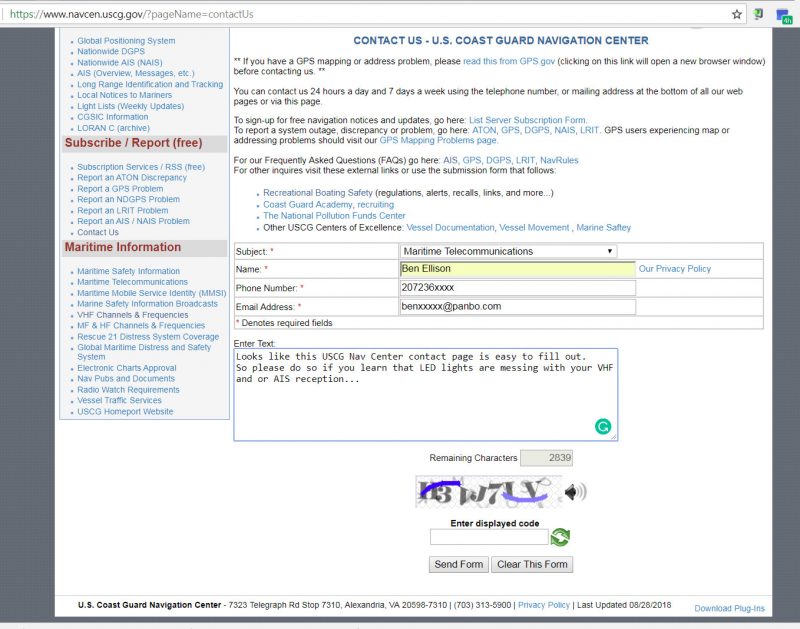 Reporting issues like LED light interference on the USCG NavCen site seems easy