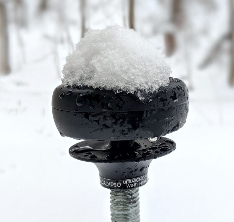 The Calypso Ultrasonic Portable anemometer was able to maintain its battery during short Maine winter days and the wind readings did not seem affected by snow and rain