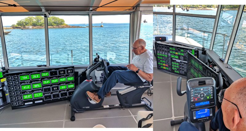 Steve Dashew demonstrating exercise helm mode on Cochise matrix deck July 2018