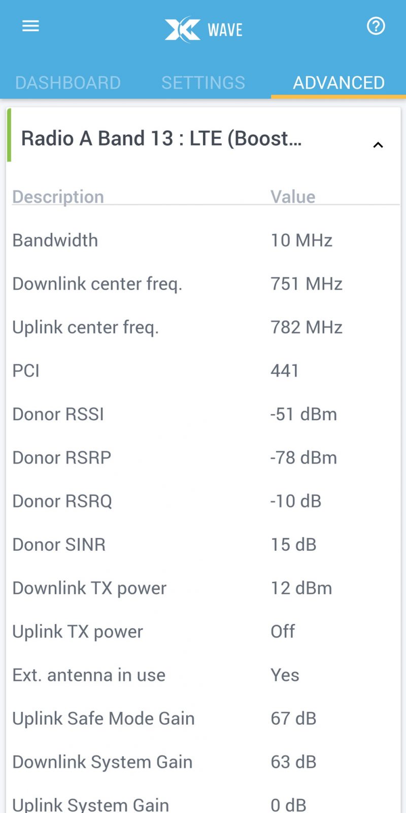 Wave app Advanced Radio Band info
