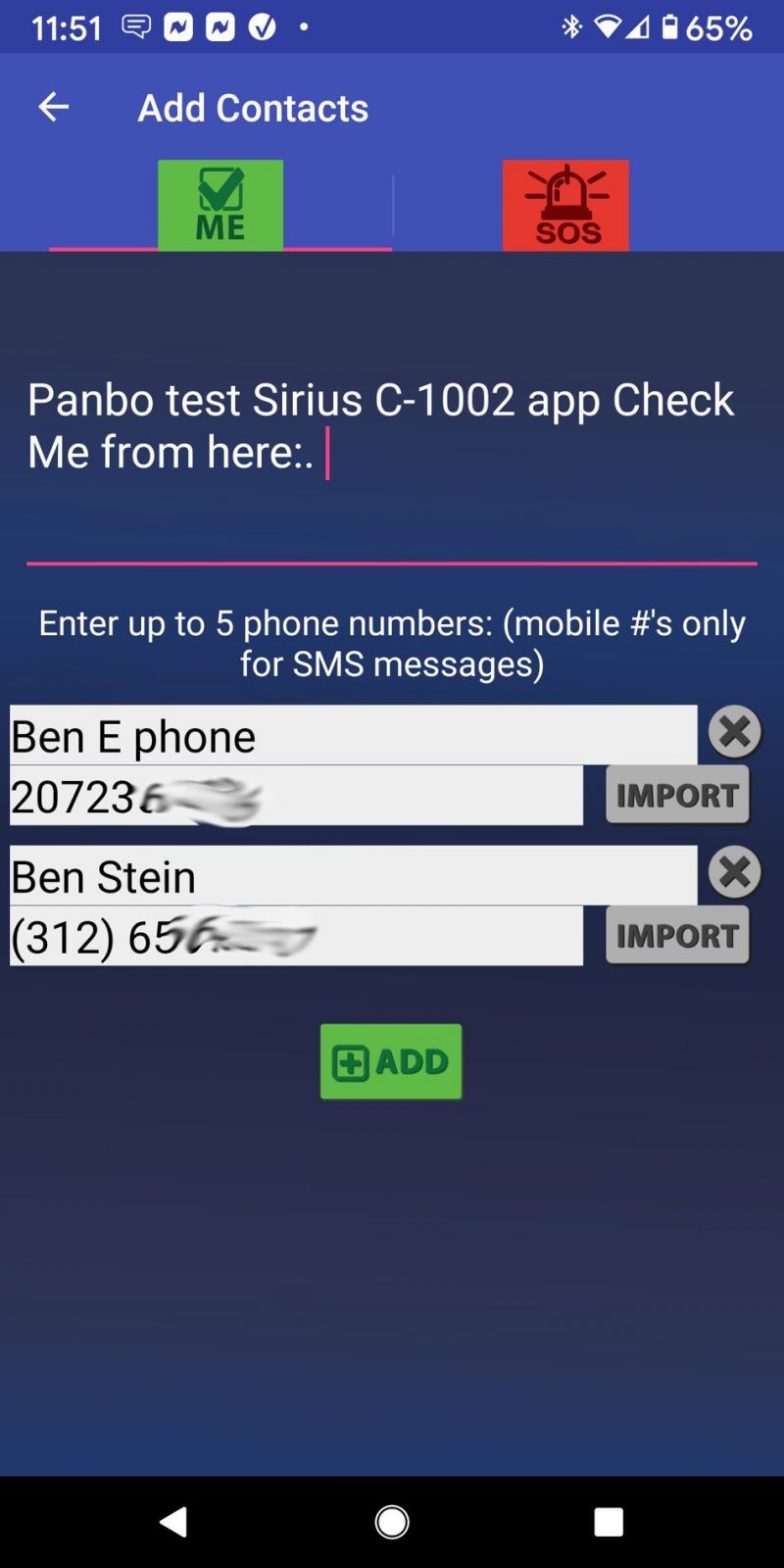 Add Contacts screen for Check Me and Float Plan SMS 