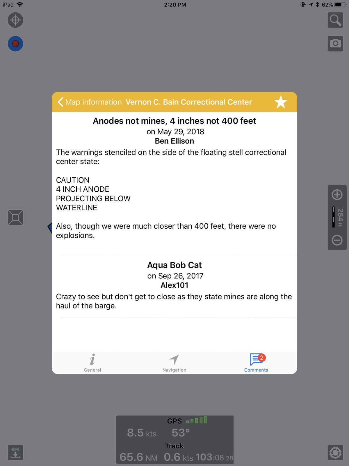 The AC hazard warning has been correctly removed, but Correctional Center barge is still a point of interest