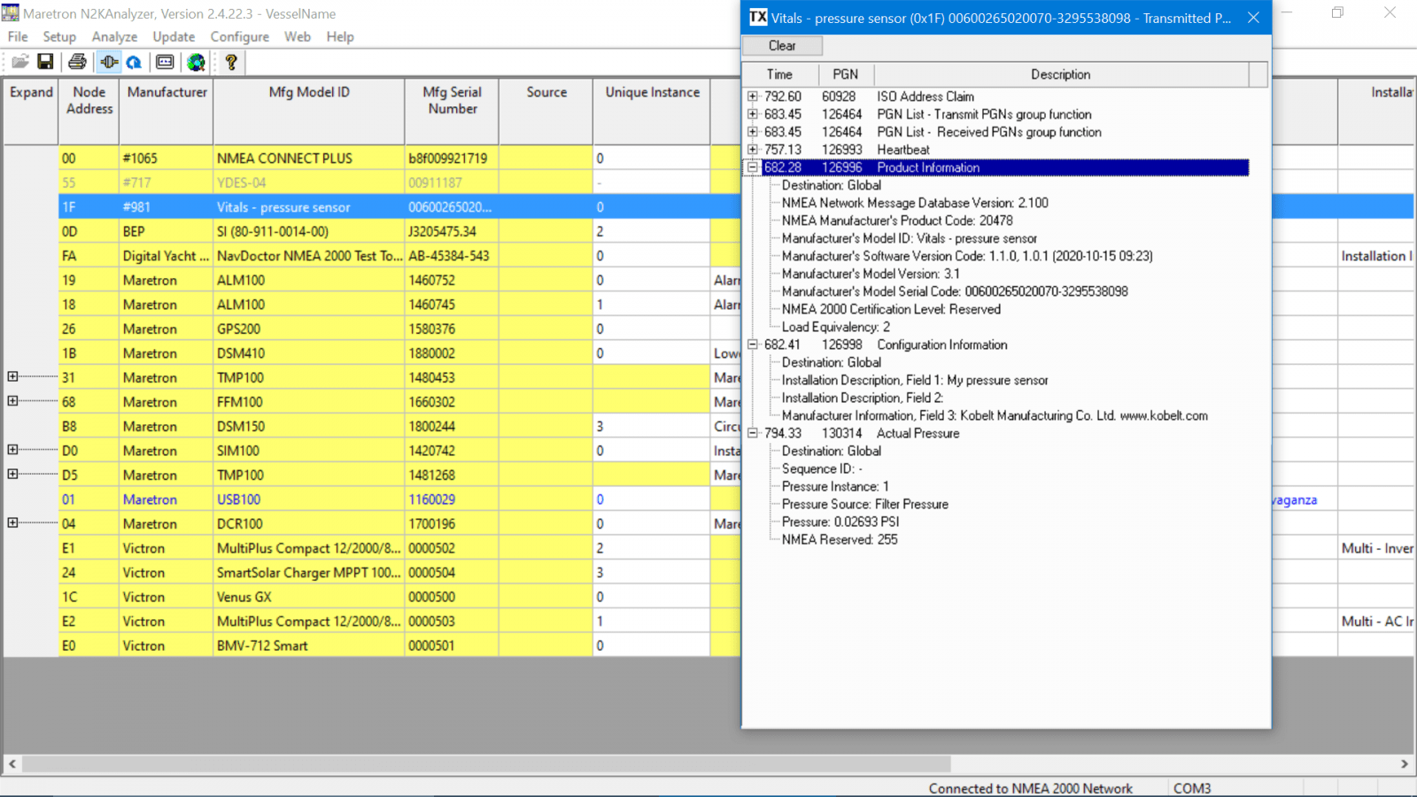 AOS pressure sensor seen in Maretron N2KAnalyzer