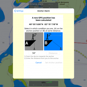 Setting the anchor location within the anchor alarm, you can drop in your location or point your phone at the anchor and specify how far it is from your position