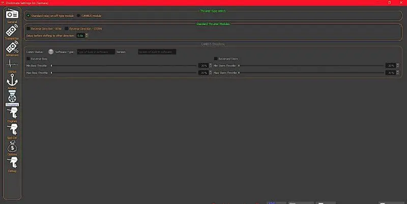 Thruster settings can be adjusted in the thruster section including reversing thruster controls and adjusting inputs for proportional thrusters