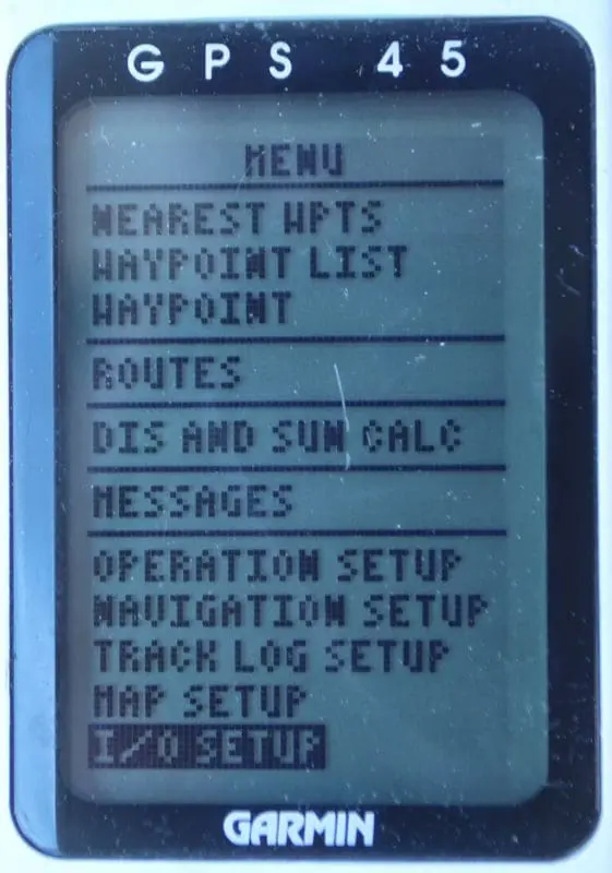 Garmin 45 Menu page with NMEA 0183 I/O settings