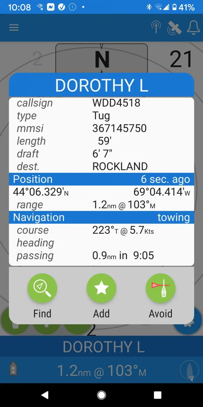 AIS target detail with link to Collison Avoidance screen