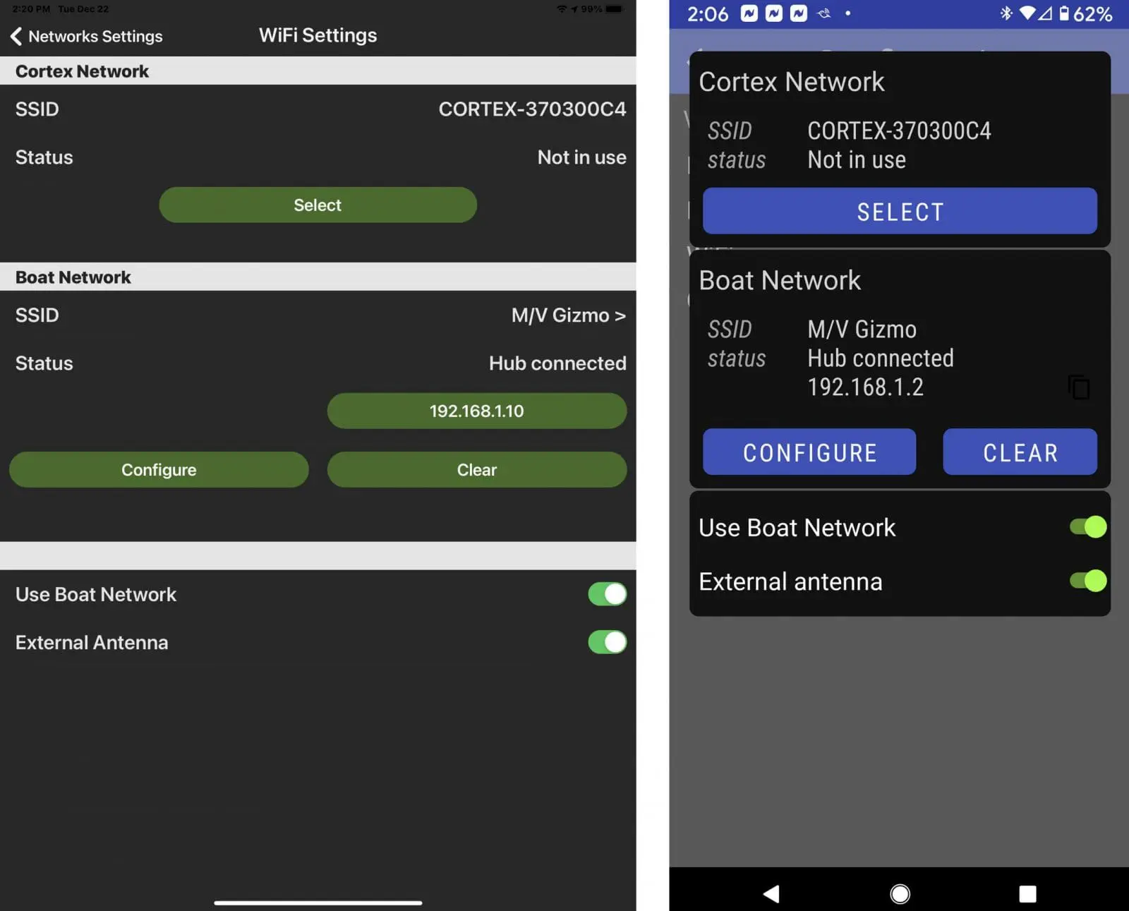 New Boat Network setup screen seen on iPad and Android phone versions of the Cortex Onboard apps