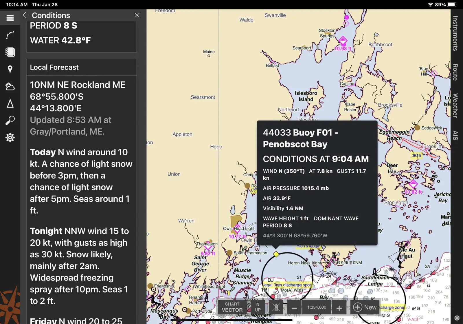 CE Conditions view includes tides, currents, weather buoys, NOAA text forecasts & NEXRAD