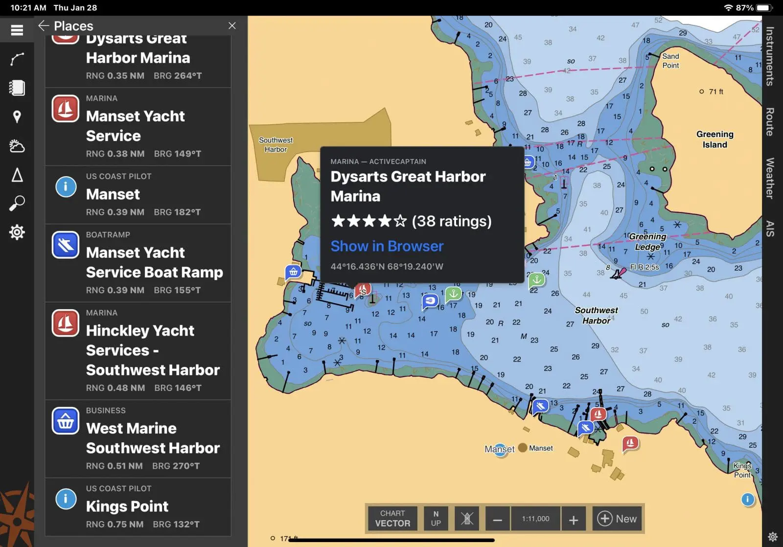 CE's Places view includes full ActiveCaptain info and US Coast Pilots