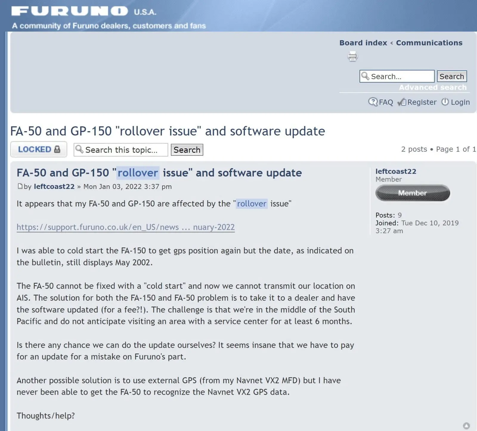 Furuno user in the South Pacific with failed AIS transceiver after recent rollover