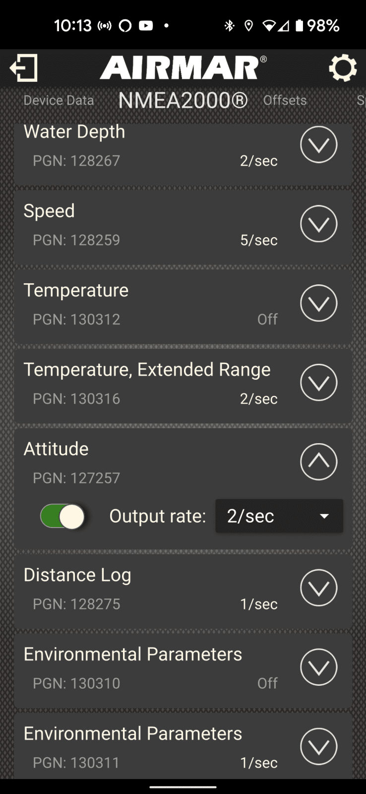 N2K PGNs can be turned on/off and refresh speed modified