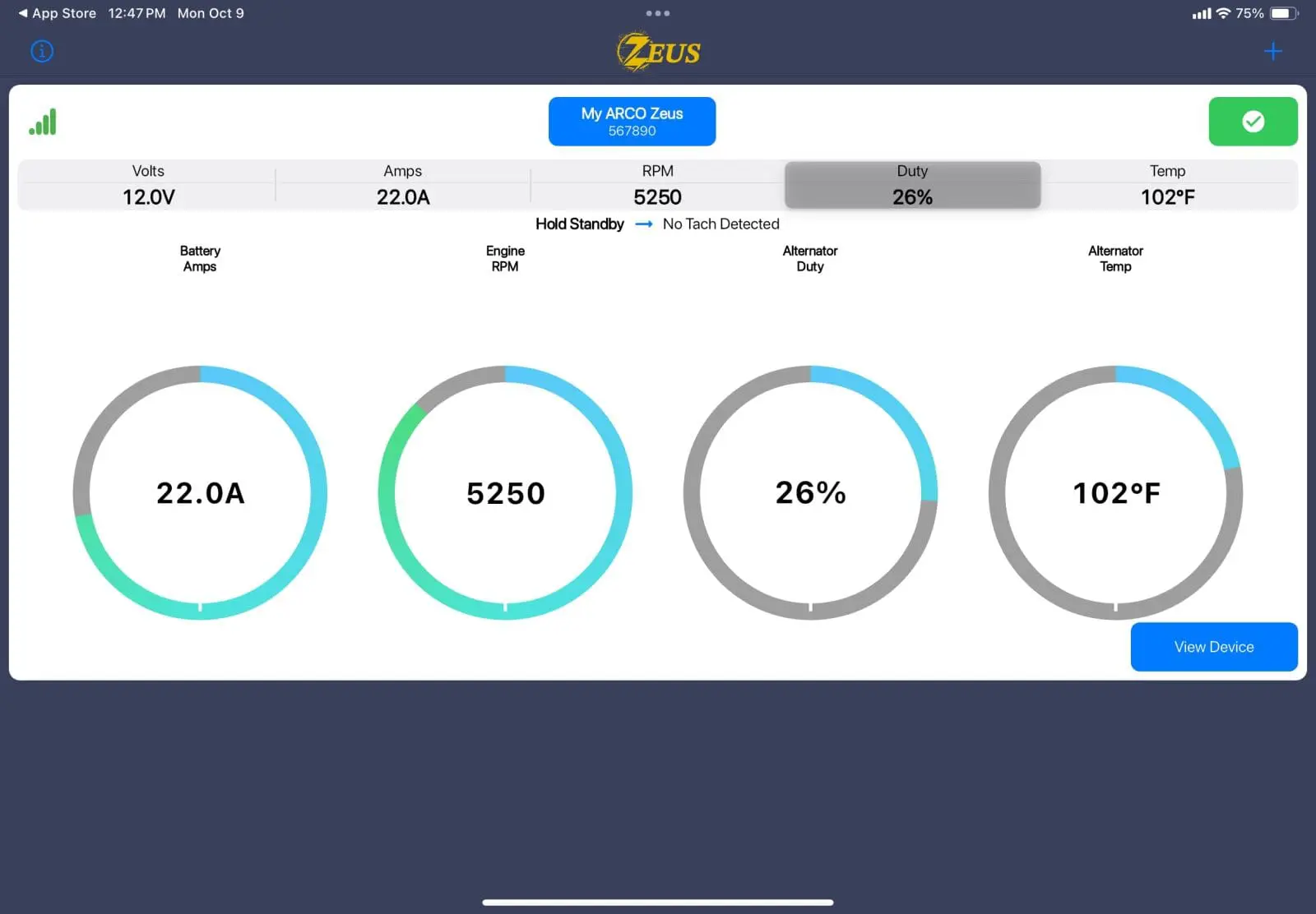 Arco Zues' app showing operating conditions