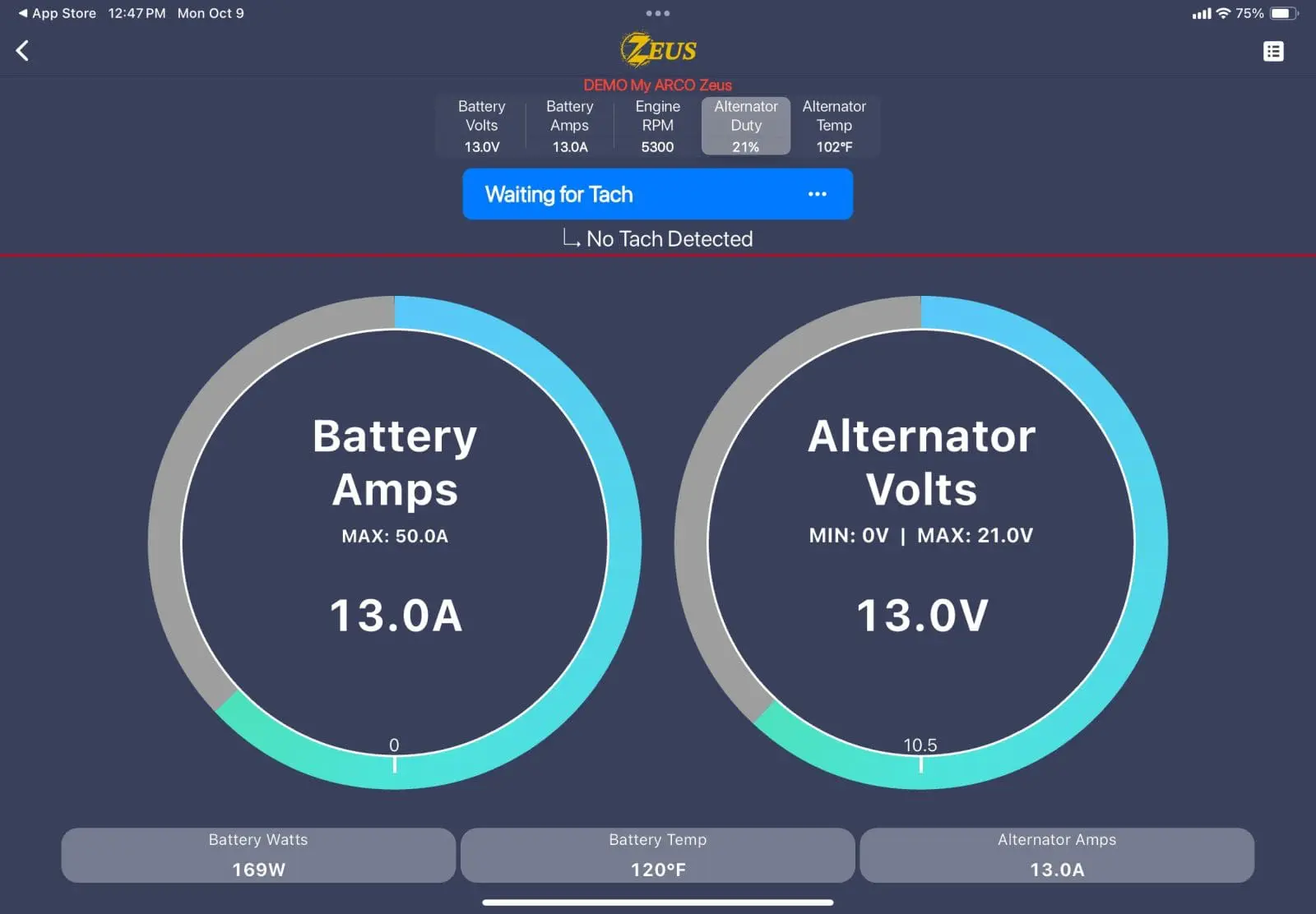 Arco Zues' app showing detailed specs and controls
