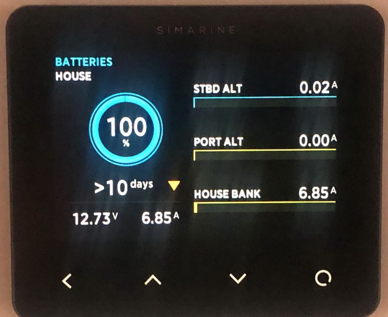 Simarine Pico showing dual alternator system on Bliss's Yanmar