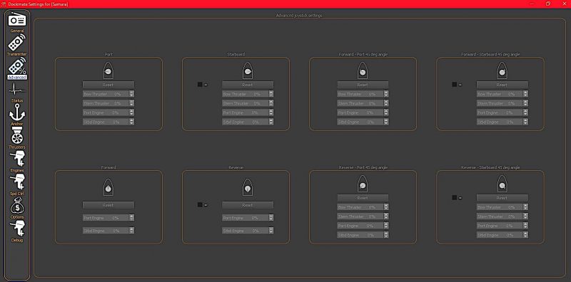 Advanced calibration of each direction's power settings. Engine and thruster power can be adjusted to insure correct movement in each direction