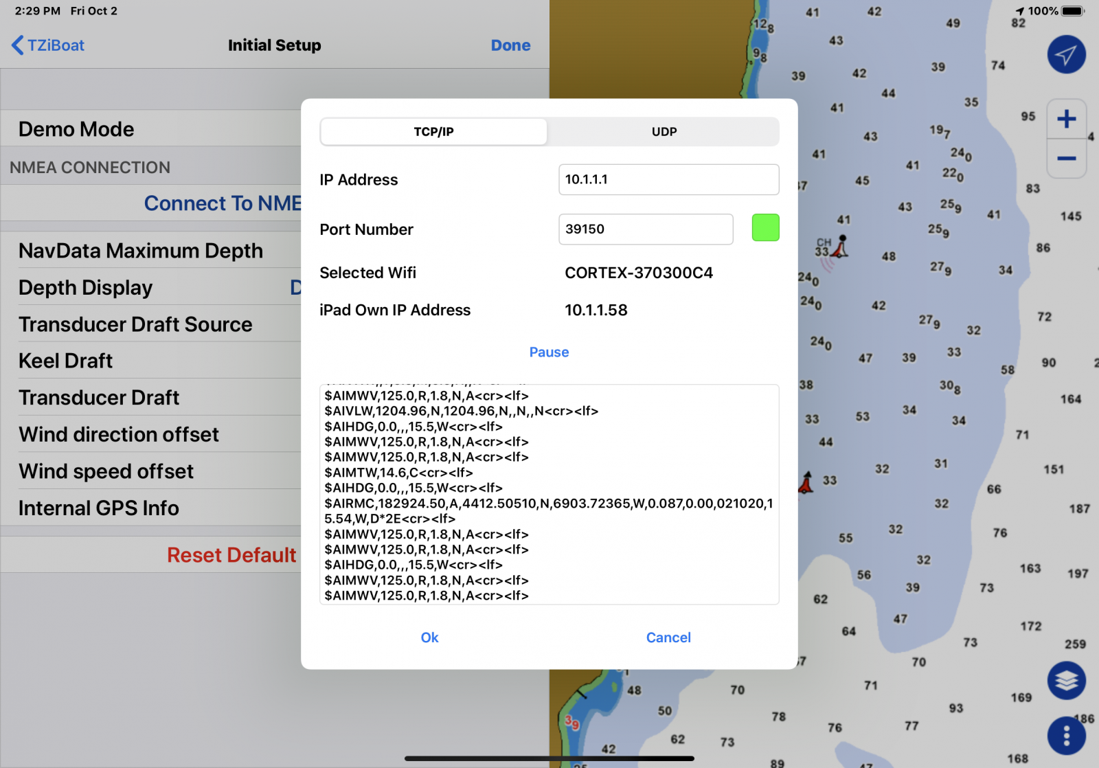 Cortex NMEA 0183 WiFi output showing in TimeZero iBoat