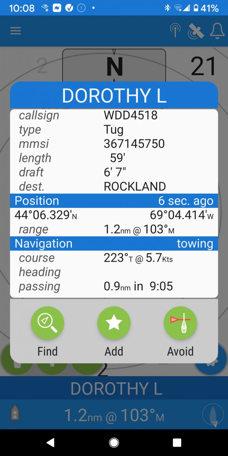 AIS target detail with link to Collison Avoidance screen