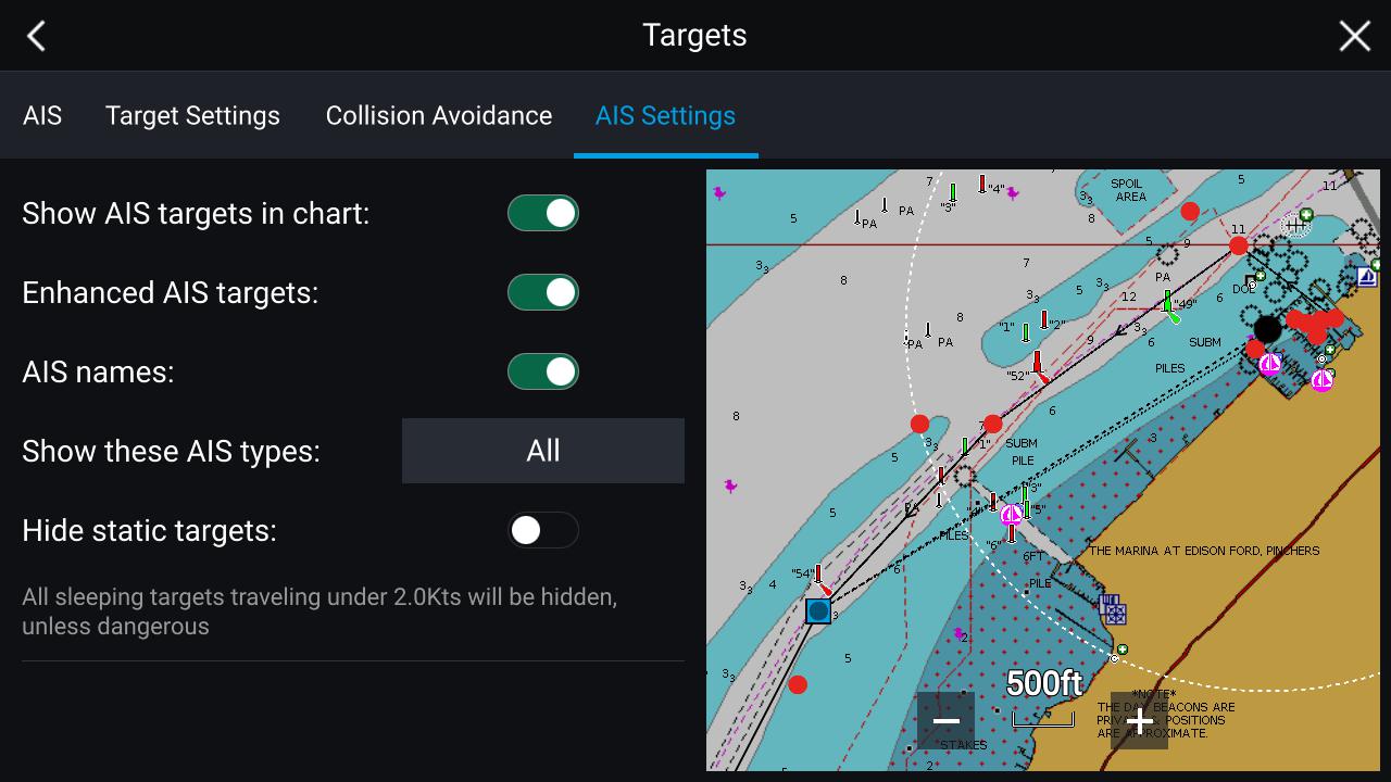 Settings screen to turn on AIS target names on the chart view