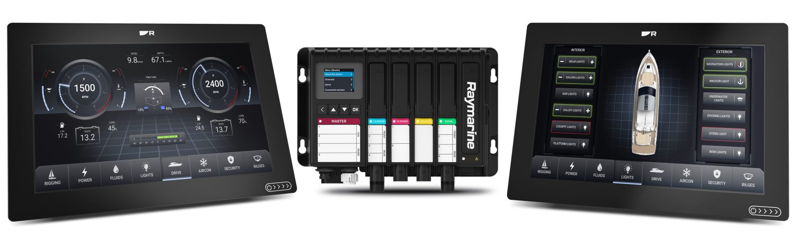 Raymarine YachtSense lineup with two MFDs showing YachtSense screens and a sample hardware unit