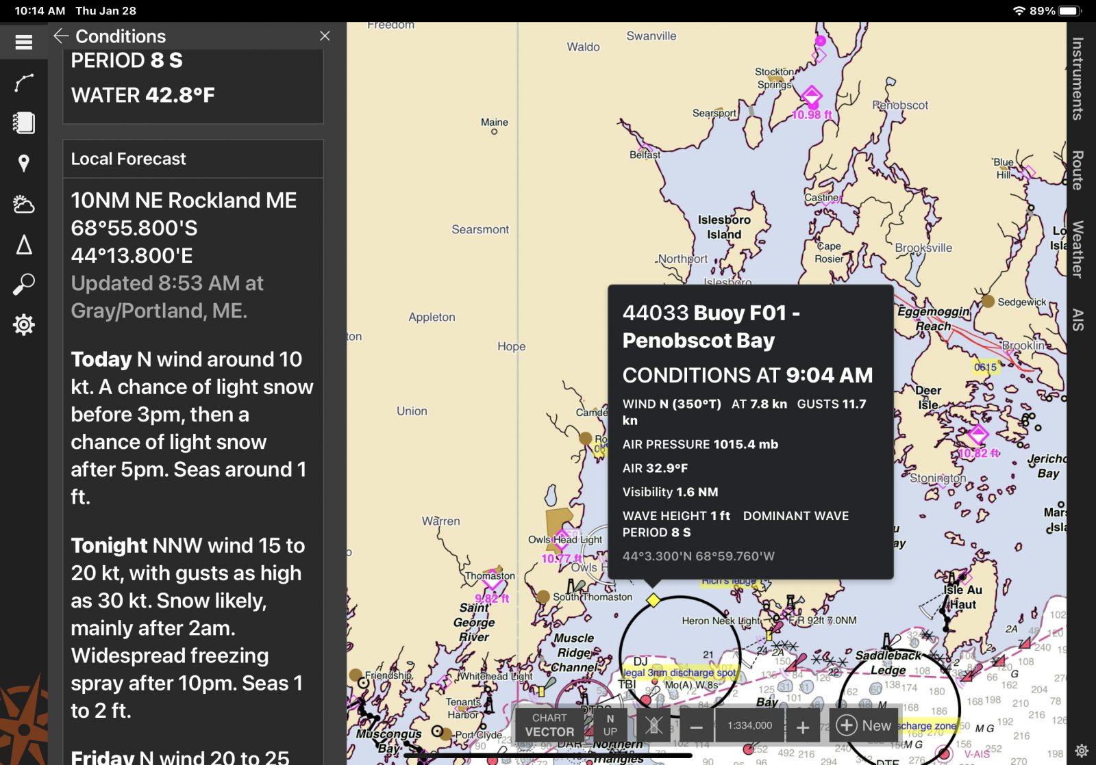 CE Conditions view includes tides, currents, weather buoys, NOAA text forecasts & NEXRAD