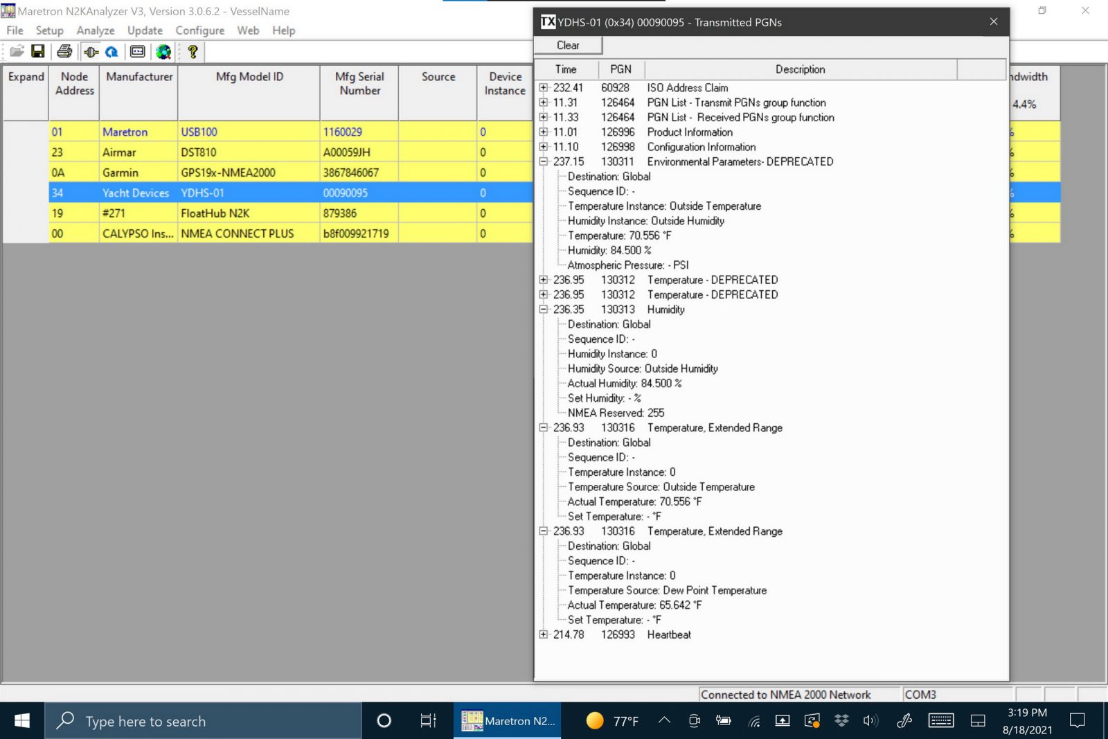 Yacht Device HS outputting dew point in standard PGN 130316