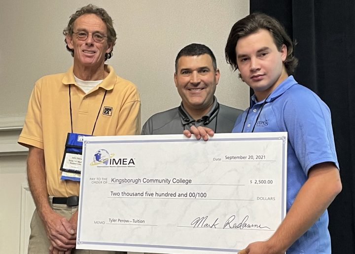 John Barry, Board Chairman of IMEA, Mark Reedenauer, President and Executive Director of IMEA and NMEA, and scholarship recipient, Tyler Perlow of Kingsborough Community College in Brooklyn, New York