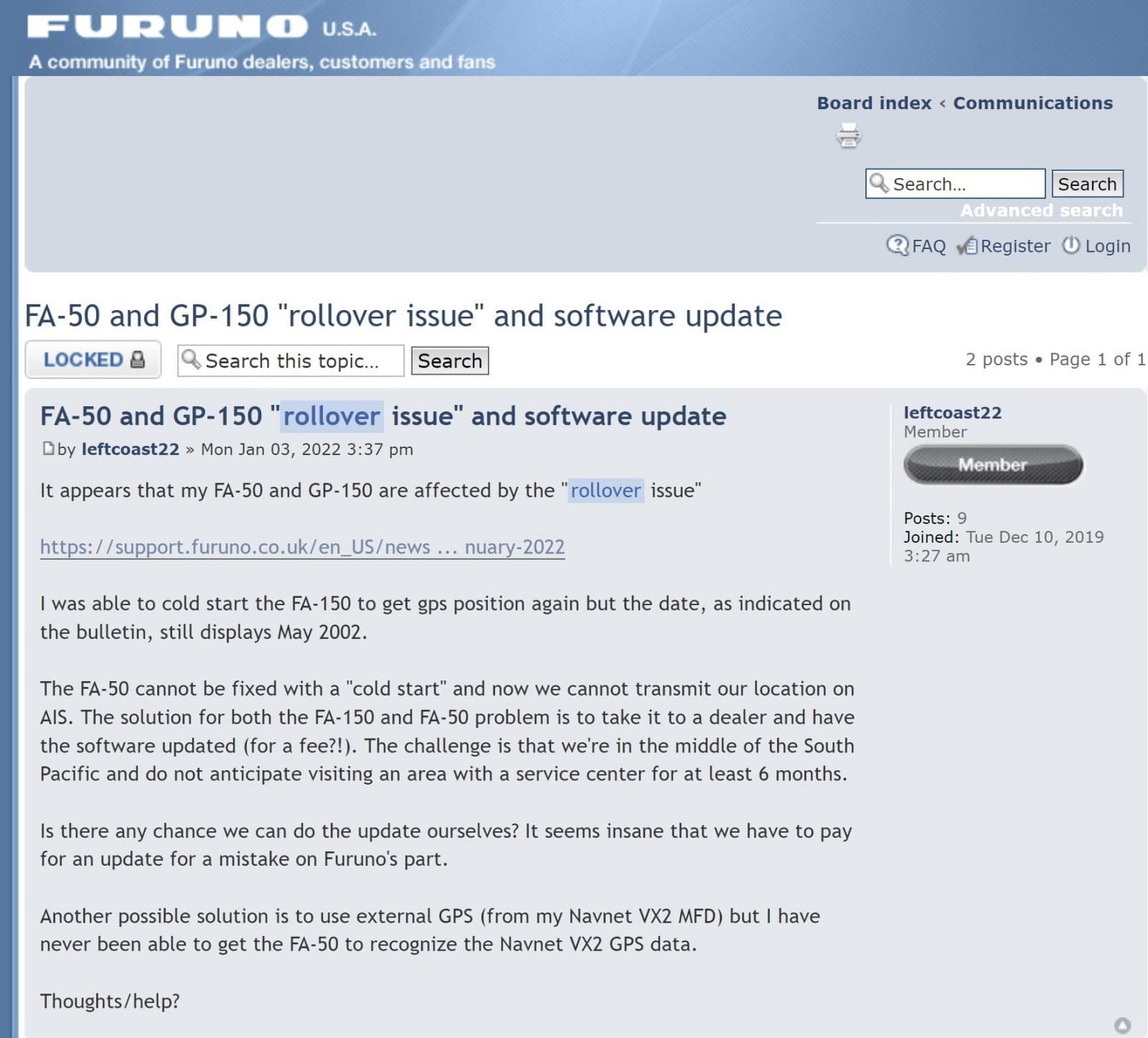 Furuno user in the South Pacific with failed AIS transceiver after recent rollover