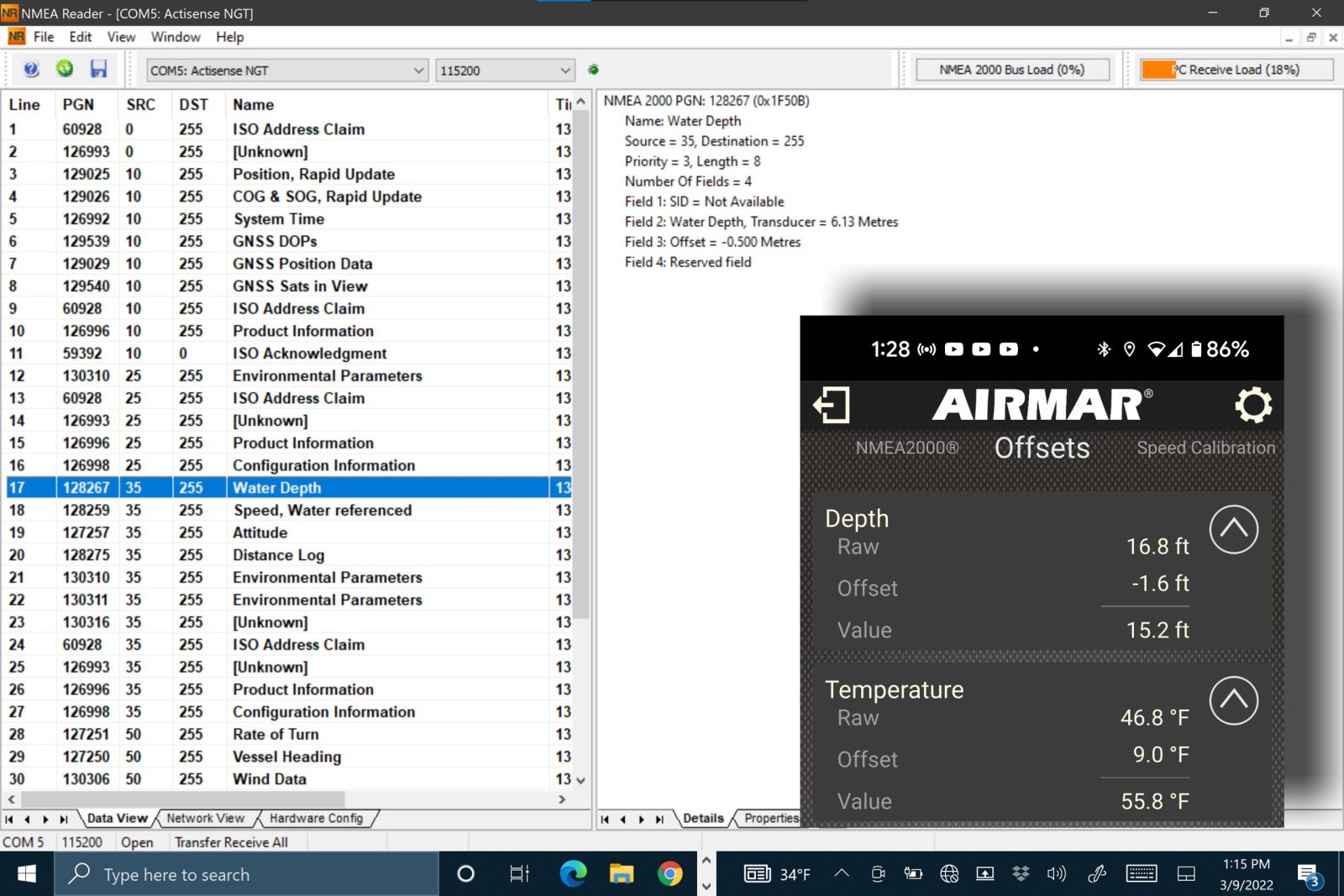 Depth PGN shows correct meter values and Android CAST app shows correct meter-to-feet conversion