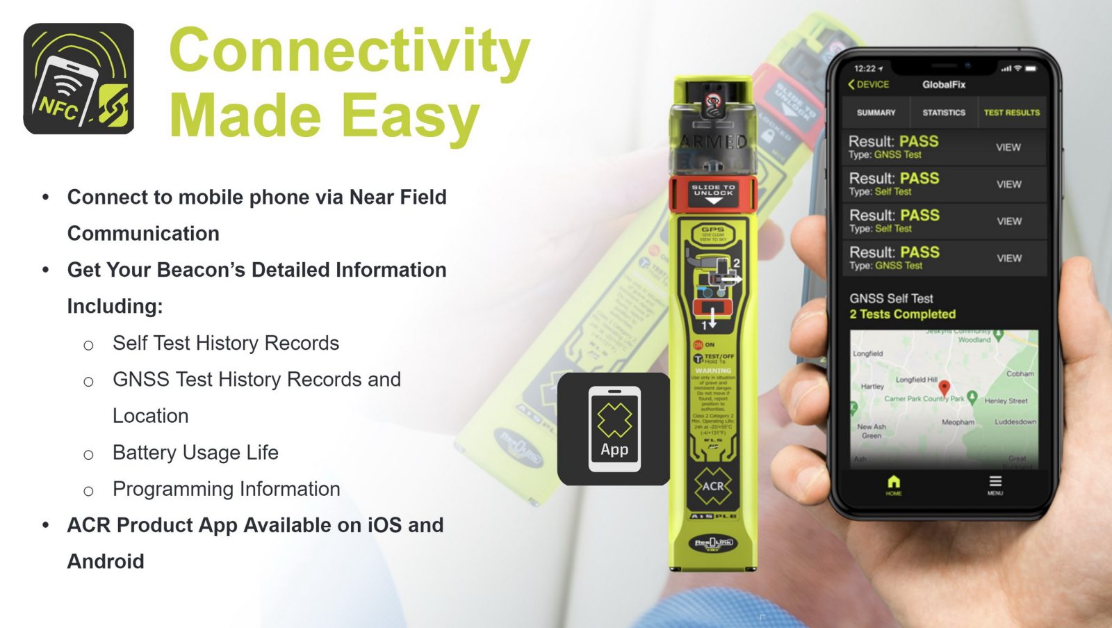 Using NFC, the ACR / Ocean Signal app uses none of the PLB’s battery power