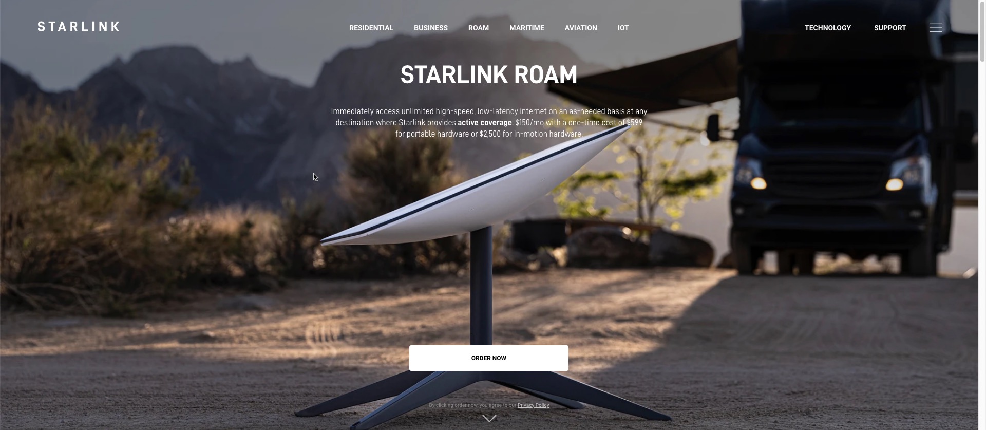 Starlink website with Roam options